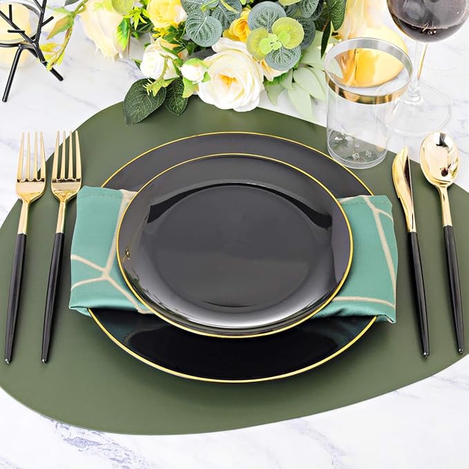 Plates Set, 350 Pieces, Black Plastic with Gold Accents