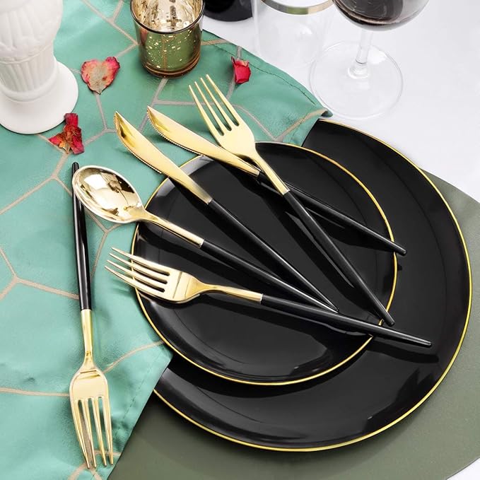Plates Set, 350 Pieces, Black Plastic with Gold Accents