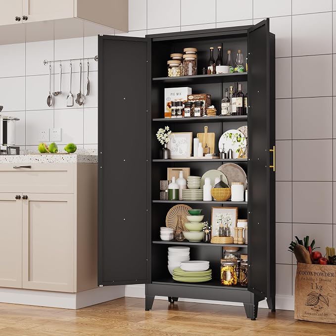 Freestanding Metal Pantry Cabinet, 2 Doors, 5 Adjustable Shelves, Black