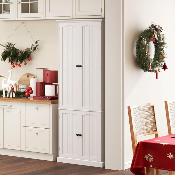 Pantry Cabinet, 72-Inch Tall Freestanding White Wood Cabinet with Doors