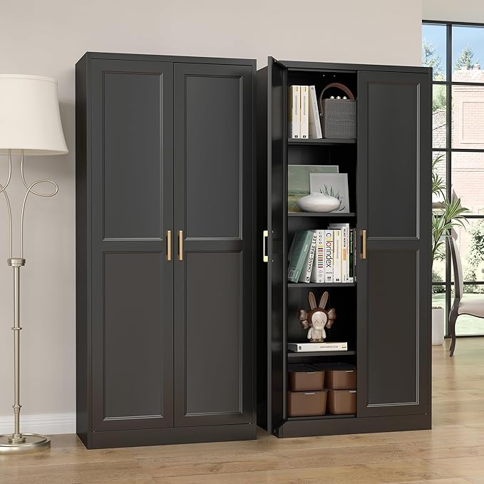 Black Metal Pantry Cabinet with Doors and 4 Adjustable Shelves