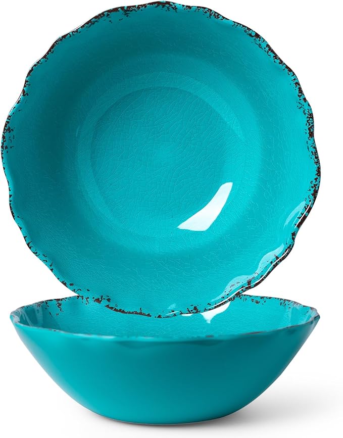 Serving Bowls Set of 2, Teal Melamine, 12-Inch Farmhouse Salad Bowls
