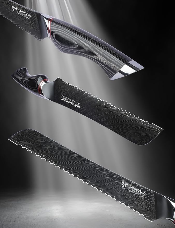 8 Inch Bread Knife Serrated Blade - Black Damascus Steel with Ergonomic Handle - MIAO Series