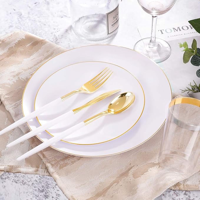 Disposable Plates Set, 350 Pieces, Gold Rim White Plastic for 50 Guests
