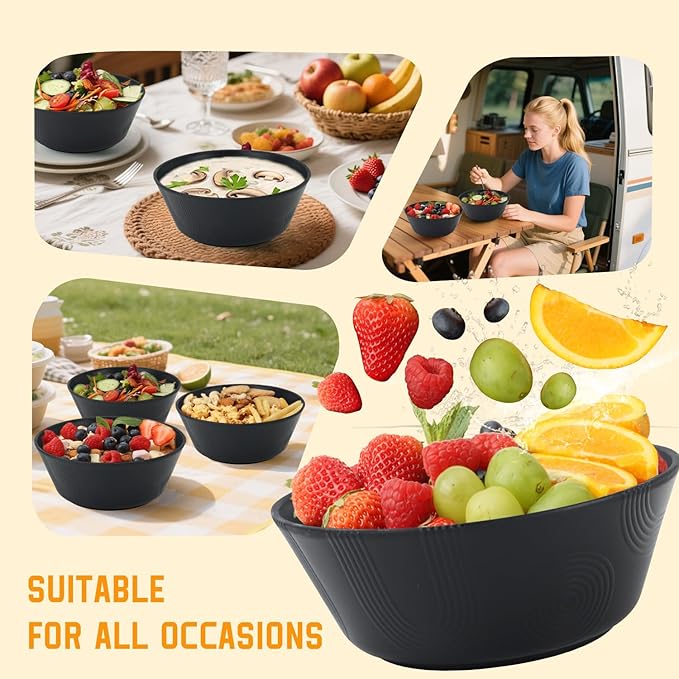 Bowl Set, 6 Pieces Black Wheat Straw Soup and Cereal Bowls
