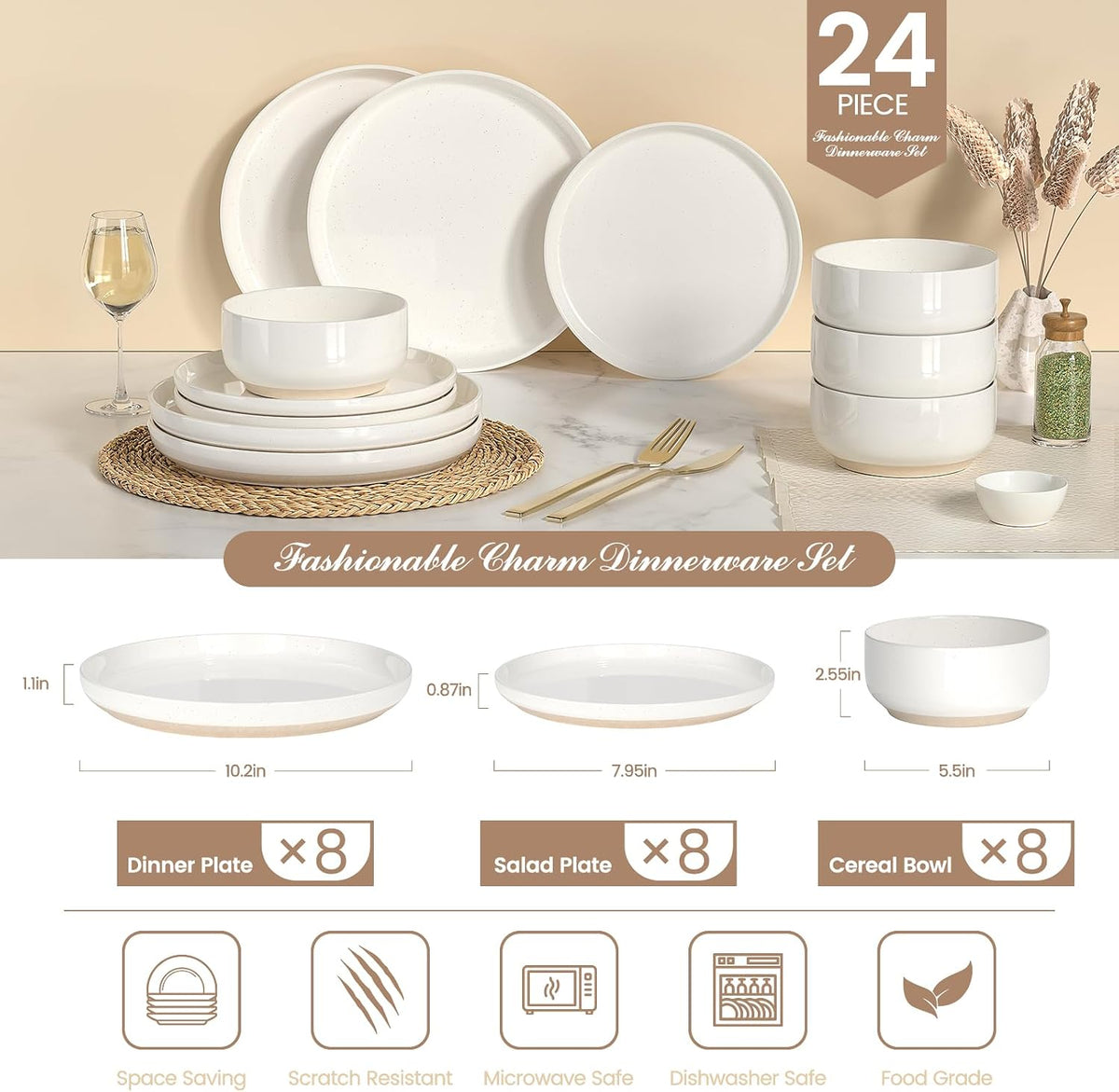 Dinnerware Set for 8, 24 Pieces, Speckled Cream Stoneware Plates and Bowls