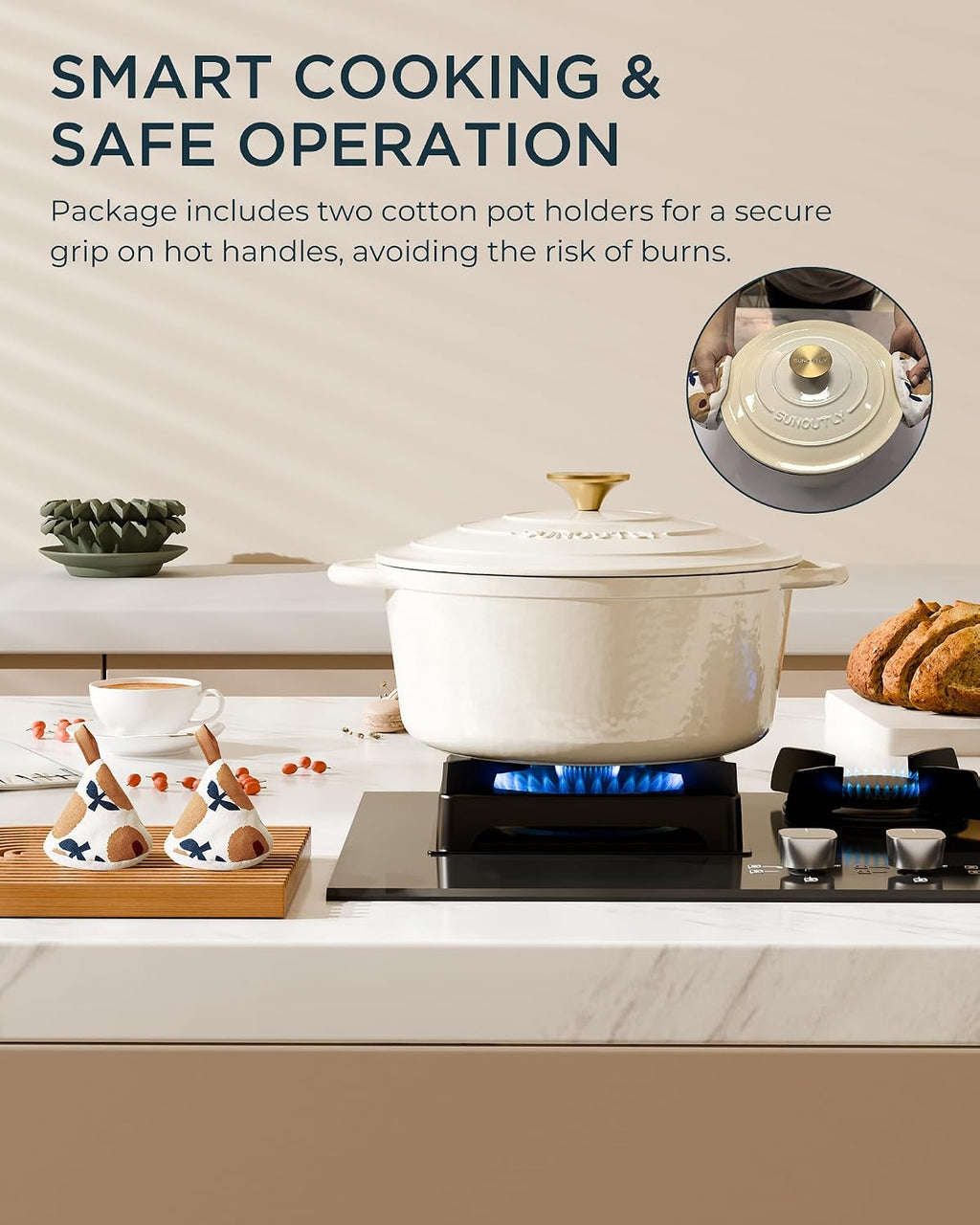 Enameled Cast Iron Dutch Oven, 6QT Pot with Lid, Cream White – set view