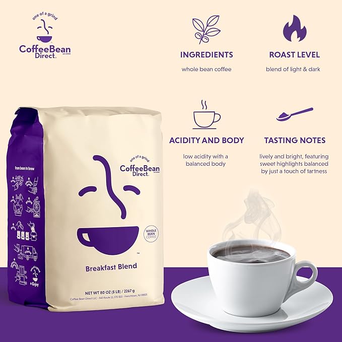 Coffee Bean Direct Breakfast Blend, Whole Bean Coffee, Mild and Mellow, Mixed Roast Level, 5 Pound Bag (Pack of 1)