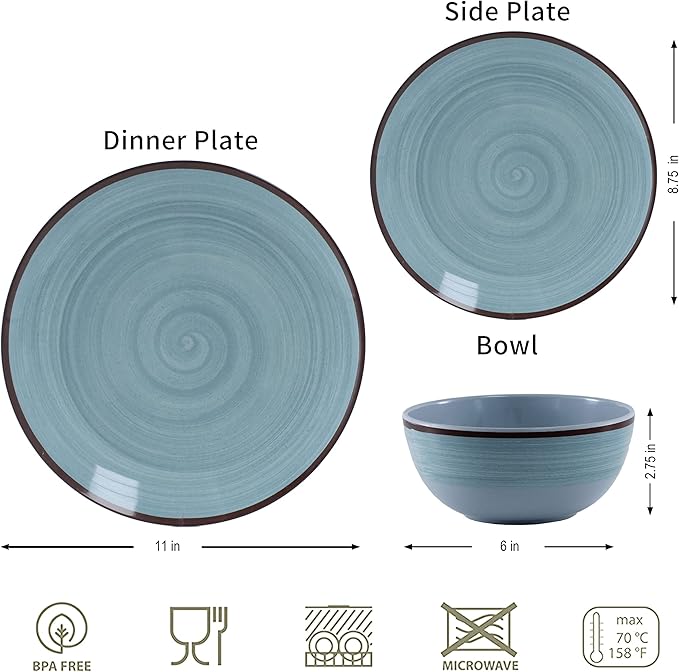 Dinnerware Sets for 4, 12 Piece Green Melamine Round Plates and Bowls