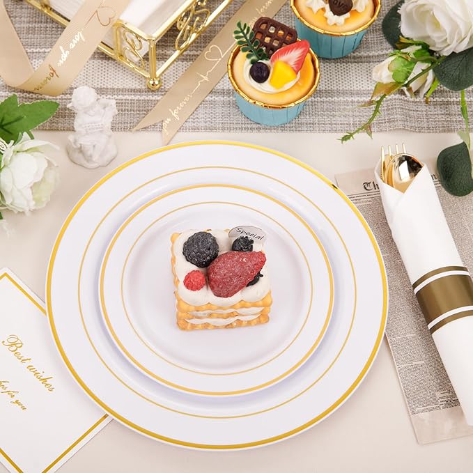 Plates Set in White and Gold Plastic, 350 Pieces for 50 Guests