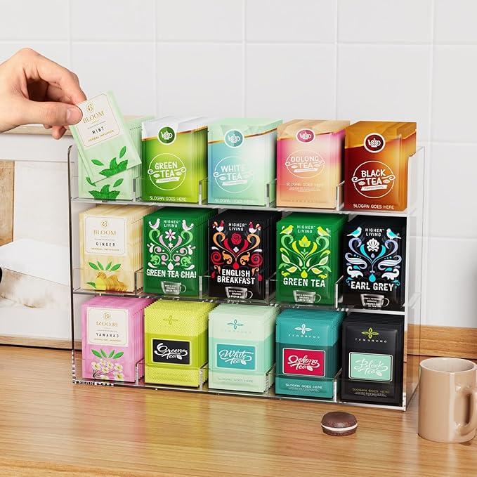Tea Bag Storage Rack, Wall Mount Acrylic Holder with 15 Slots