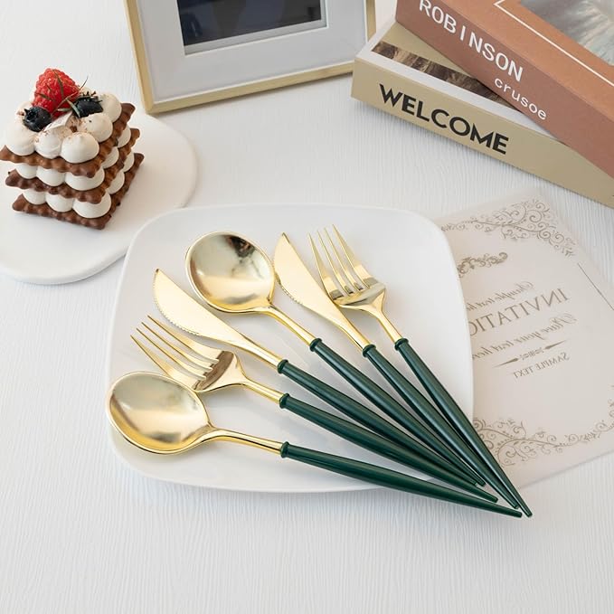 Disposable Spoons, Forks and Knives Set, 90 Pieces, Gold Plastic