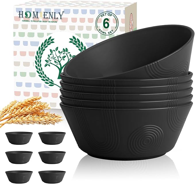 Bowl Set, 6 Pieces Black Wheat Straw Soup and Cereal Bowls