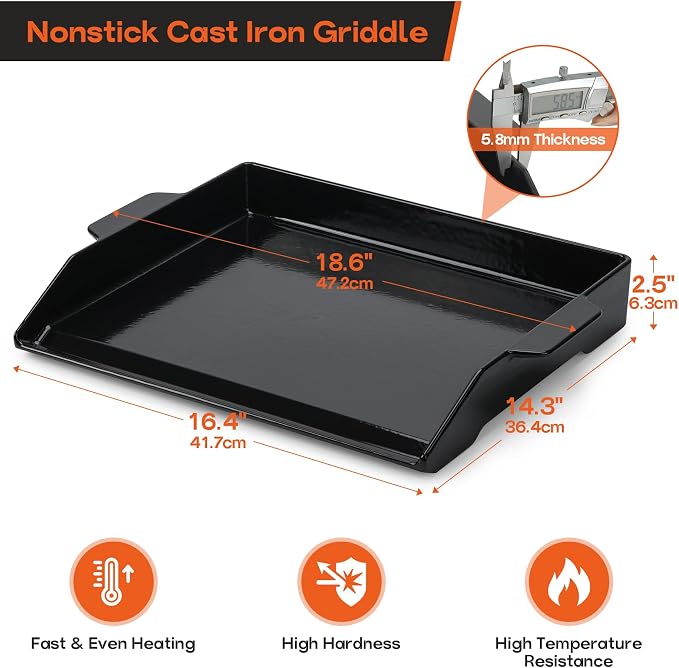 Griddle Plate in Black Enamelled Cast Iron with Nonstick Coating