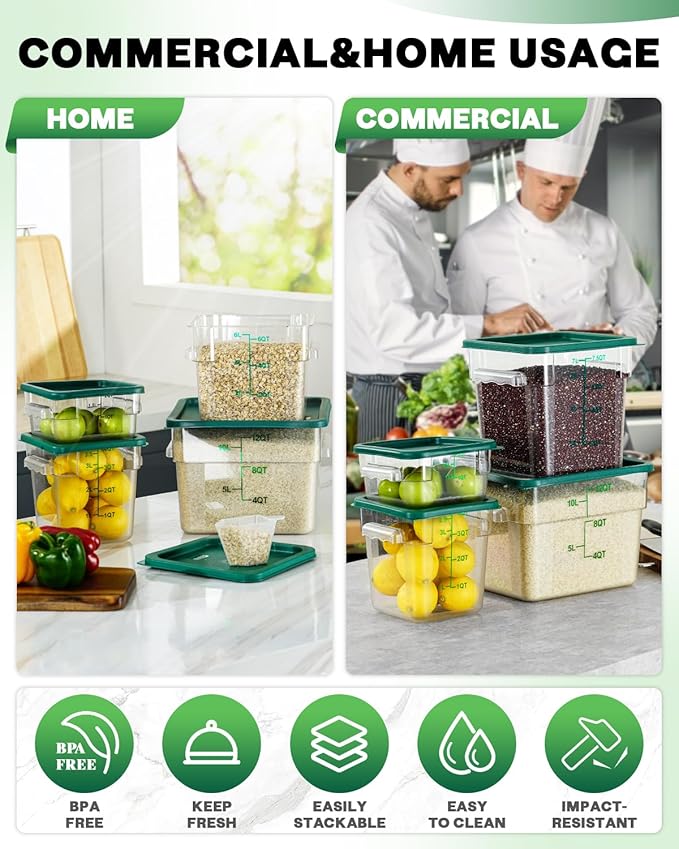 2QT NSF Food Storage Containers: 2 PCS [Food Grade][Hot&Cold Resistant] Commercial Clear Square Food Storage Containers with Scales Handles for Home Restaurant Kitchen Proof Dough(BPA FREE-GREEN)