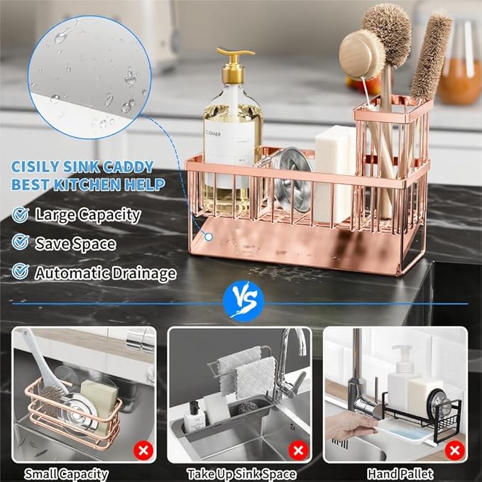 Rose Gold Kitchen Sink Caddy with Brush Holder, 304 Stainless Steel