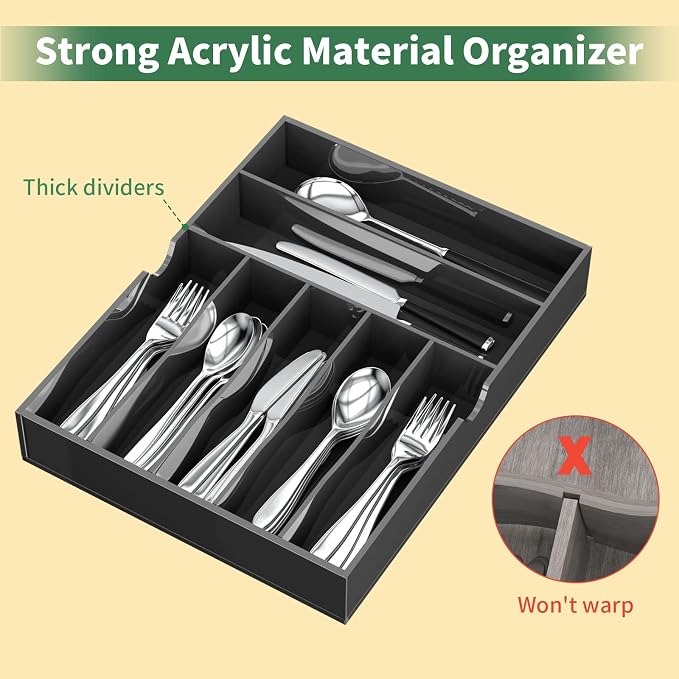 Flatware Organizer Tray, Black Acrylic, Expands 12 to 22.5 Inches