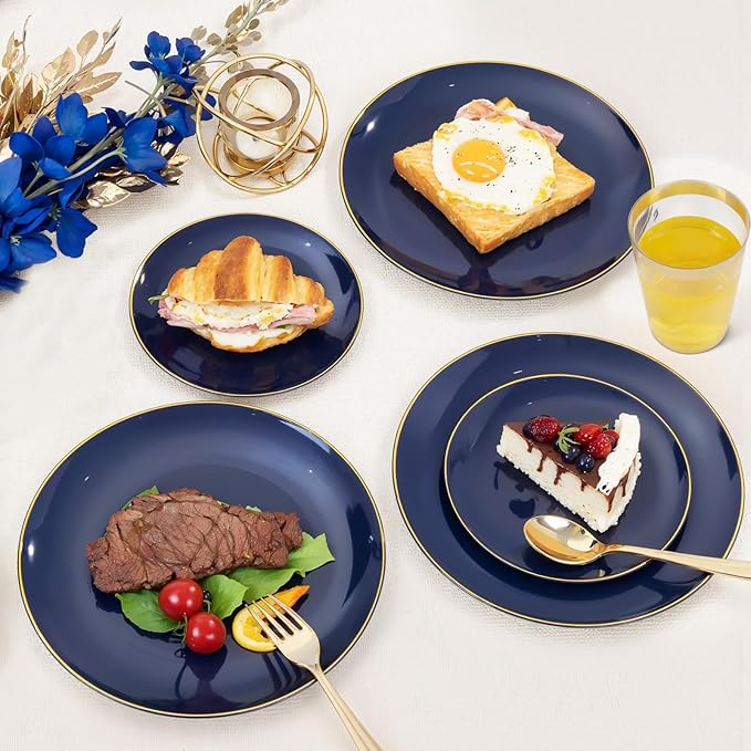 Plastic Plates for 50 Guests in Navy Blue with Gold Trim