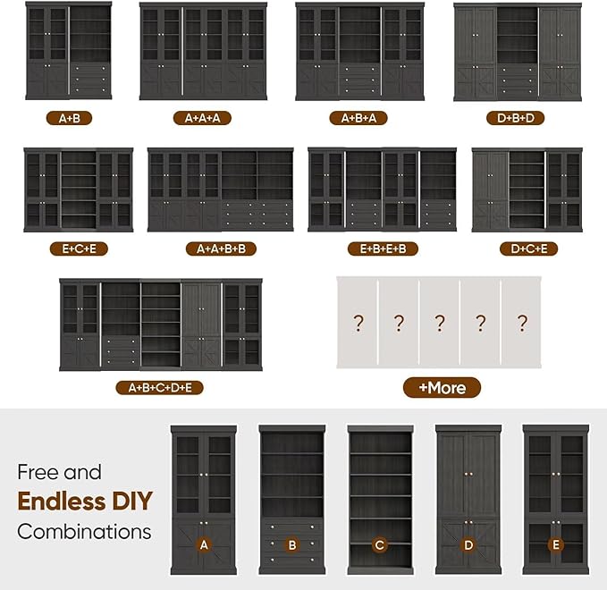 70.8" Tall Bookshelf with Doors, Farmhouse Modular Bookcase with 4-Tier Adjustable Shelves, Large Storage Cabinet for Home Office, Living Room, Black, Set of 2