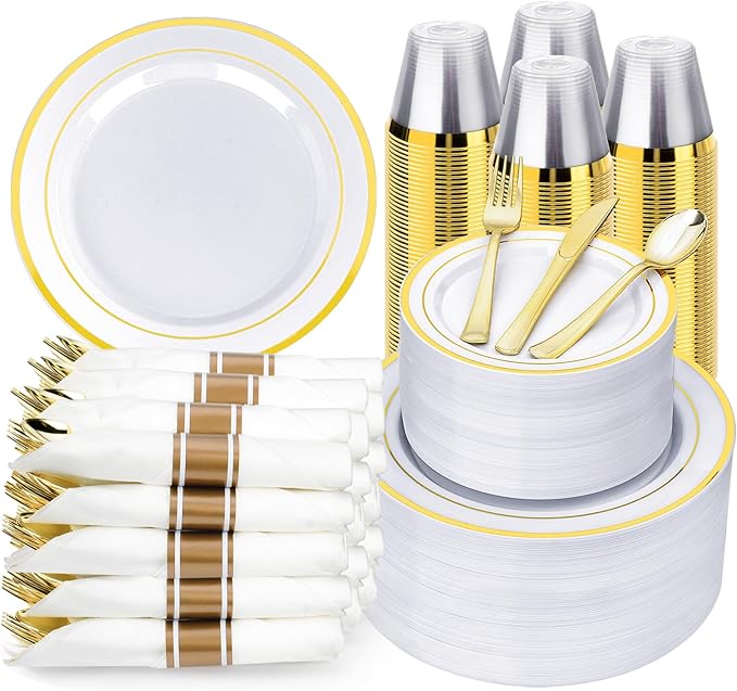 Plastic Plates Set with Gold Rims, 10.25 and 7.5 Inch, for 100 Guests