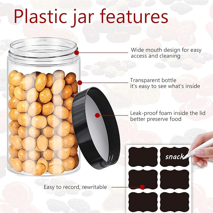 Clear Plastic Food Storage Jars 14 oz 20 Pack with Lids and Labels