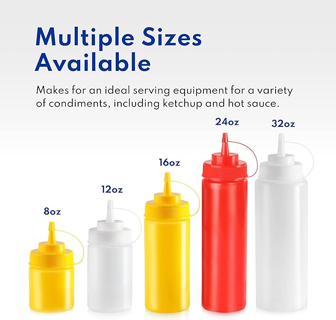 New Star Foodservice 26238 Squeeze Bottles, Plastic, Wide Mouth, 24 oz, Clear, Pack of 6