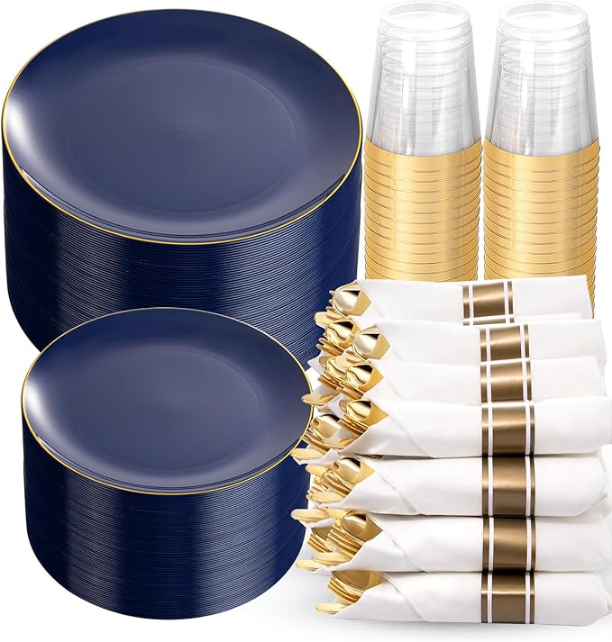 Plastic Plates for 50 Guests in Navy Blue with Gold Trim