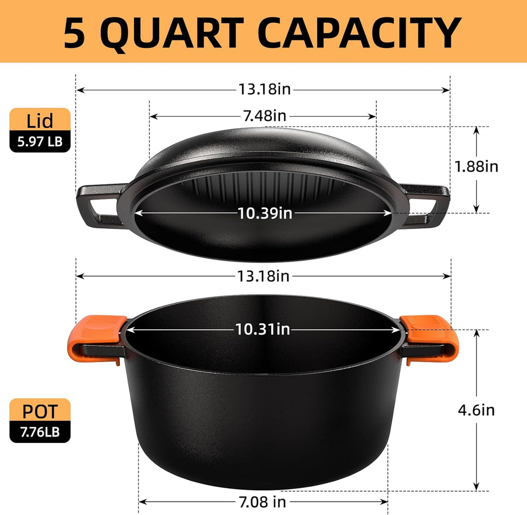 Cast Iron Dutch Oven Pot with Skillet Lid – Pre-Seasoned – Skillet Lid Cooking – close-up