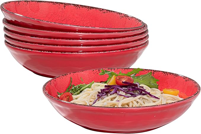 Pasta Bowls, 9-Inch Melamine Farmhouse Set of 6 in Antique Red
