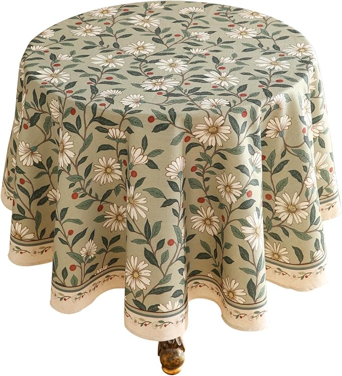 Round Tablecloth 67 Inch Linen-Blend Floral Design for Dining Tables