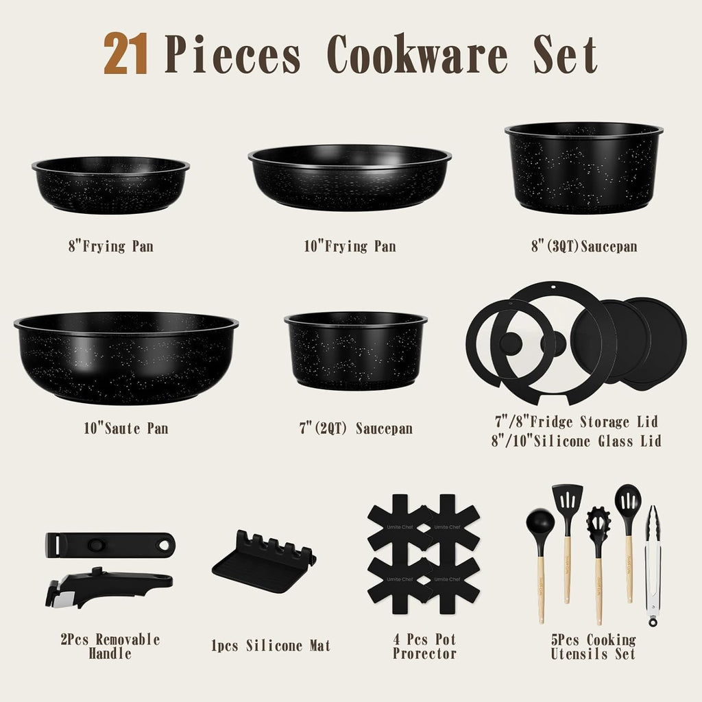 Cookware Set, 21 Pieces, Granite-Style Nonstick with Detachable Handles