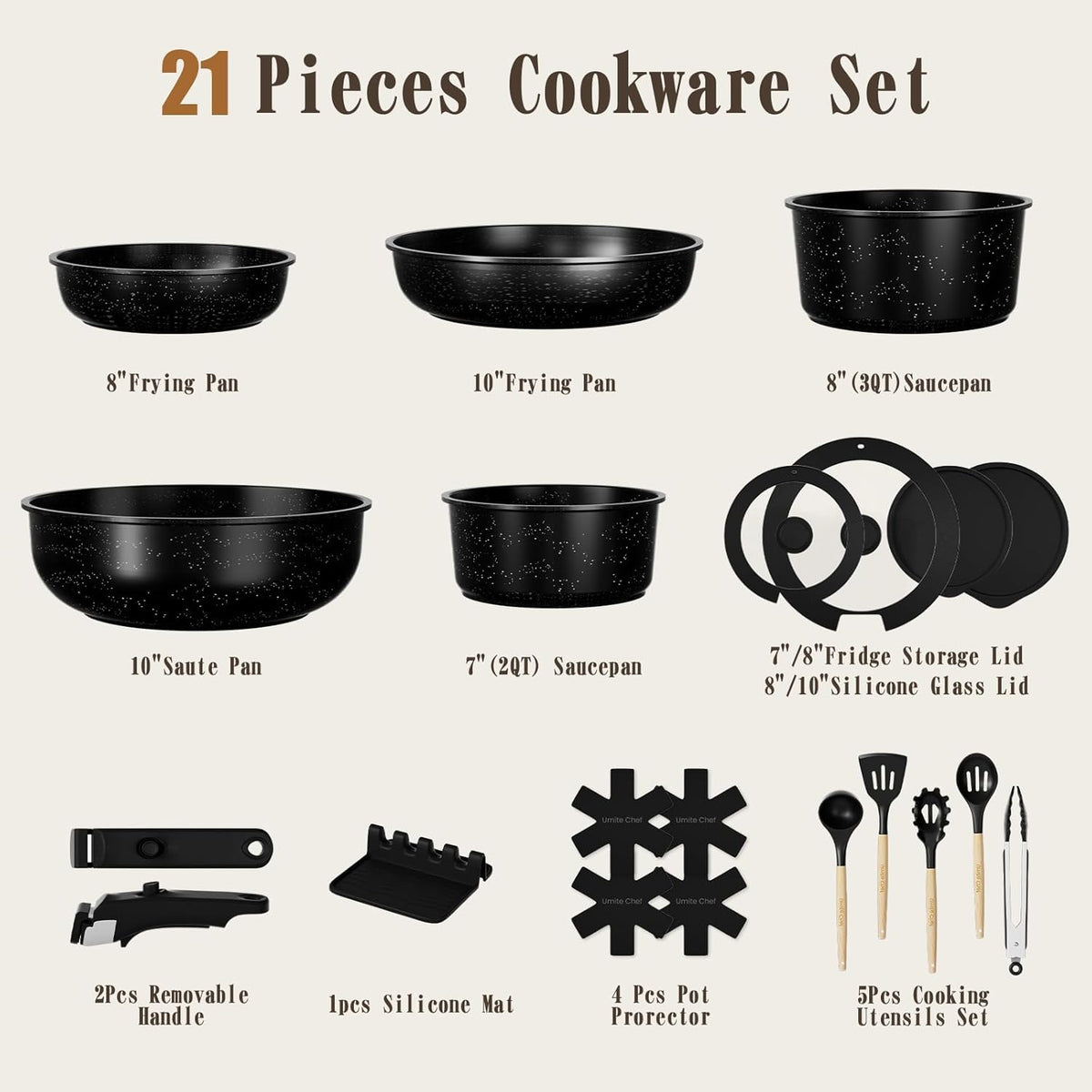 Cookware Set, 21 Pieces, Granite-Style Nonstick with Detachable Handles