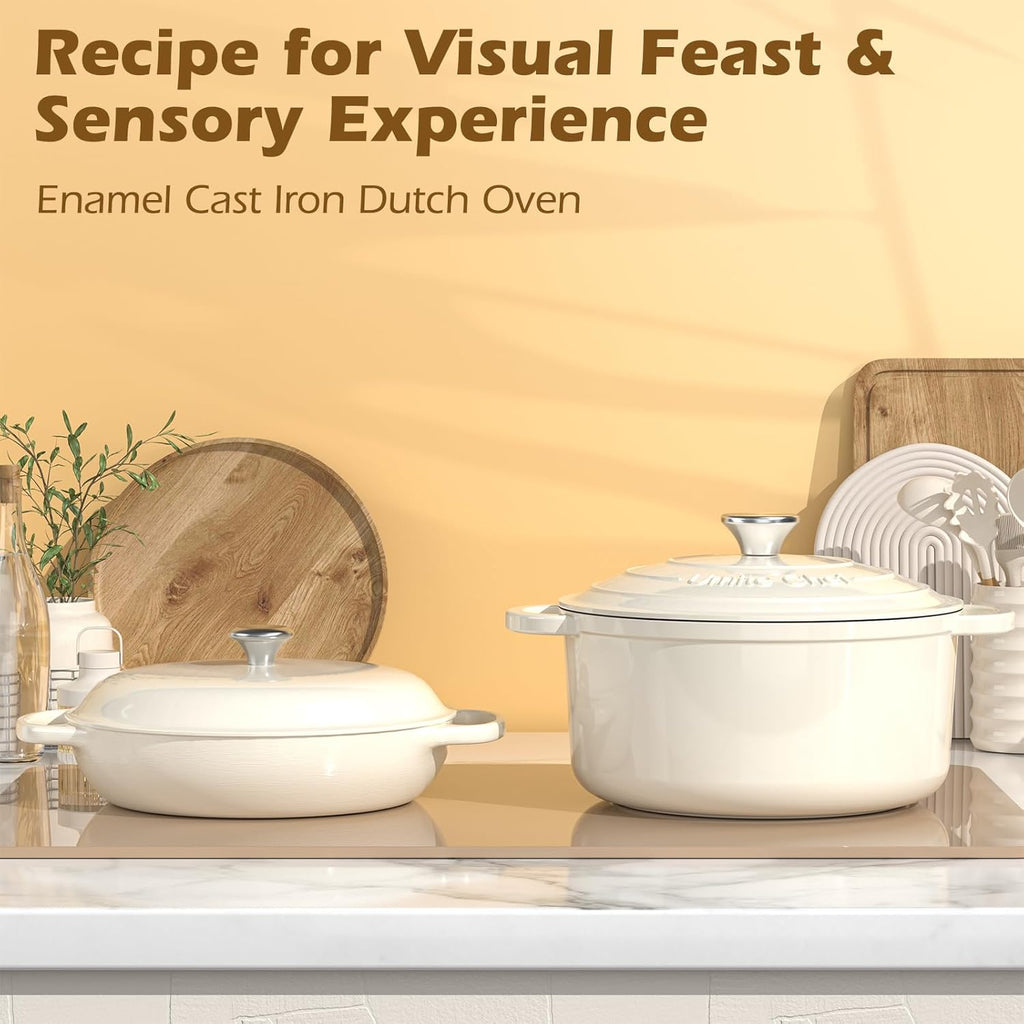 Dutch Oven 5 Quart Cast Iron Pot with Lid, Cream White