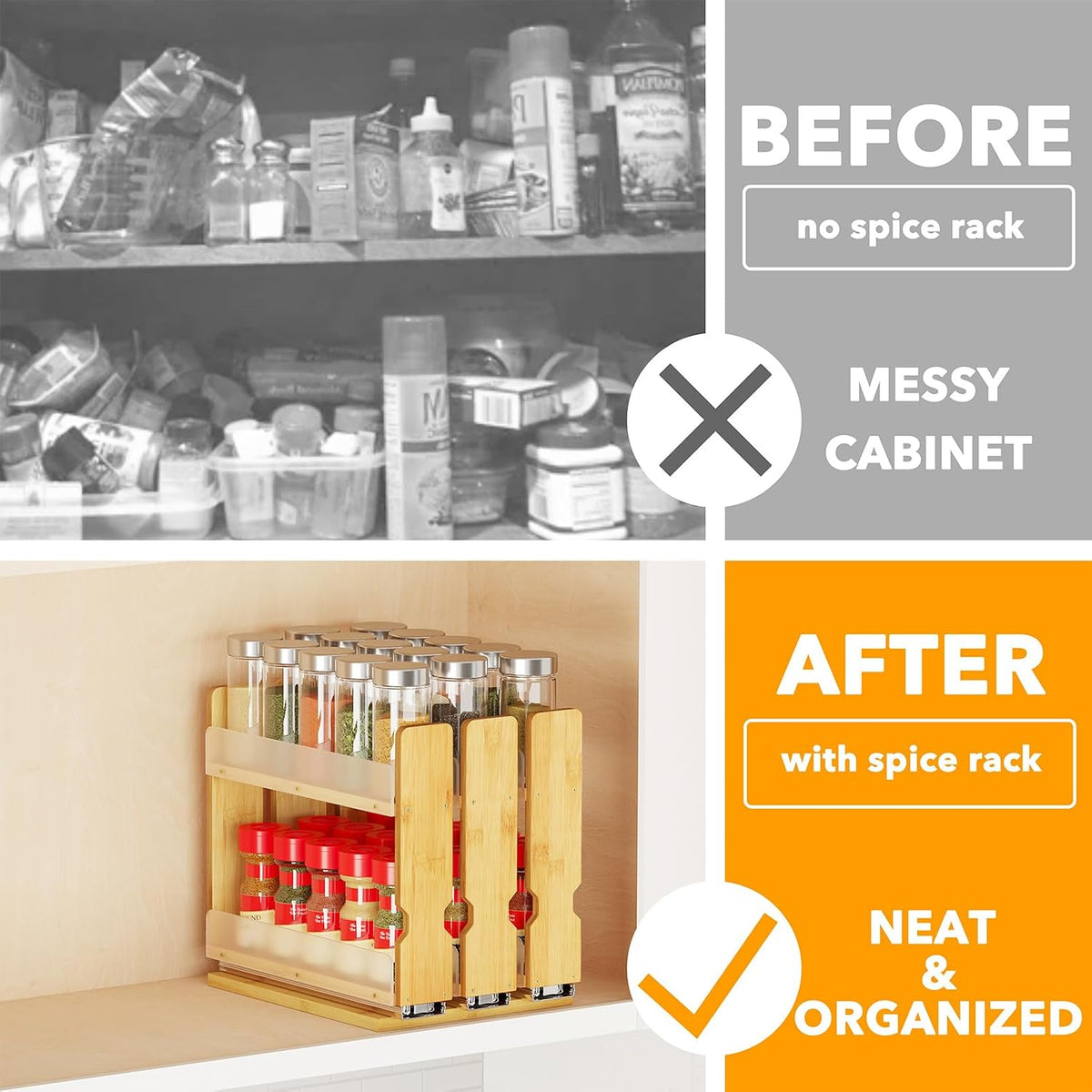 Pull-Out Spice Rack Organizer, Bamboo, 3 Shelves, Natural