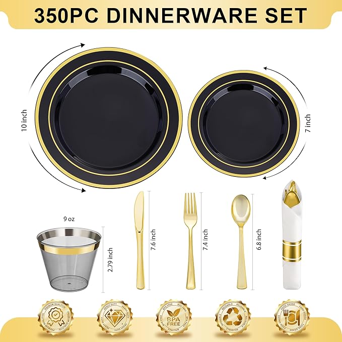 Plates: Black and Gold Disposable Set, 350 Pieces for 50 Guests