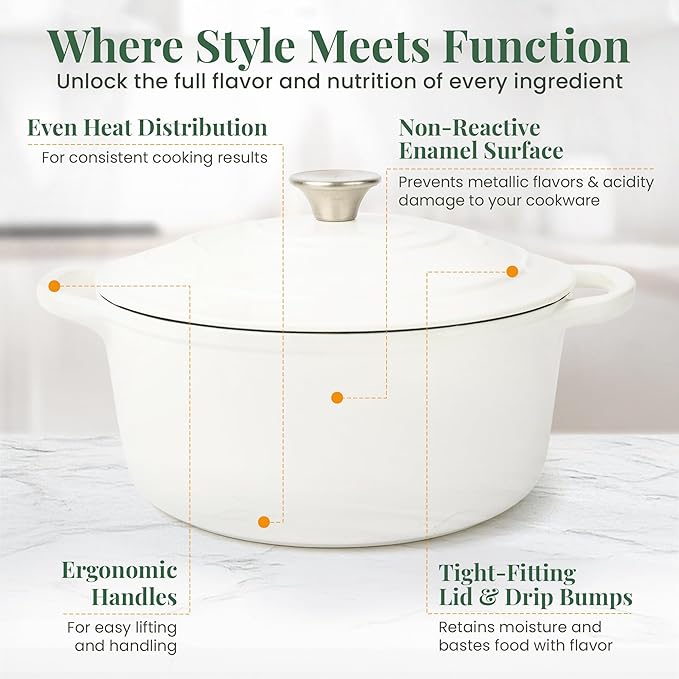 Larder & Vine Enameled Cast Iron 5.7qt Dutch Oven Pot with Lid | Bread Baking | Compatible on All Cooktops & Oven Safe to 500° F | Great for Sourdough Bread | White