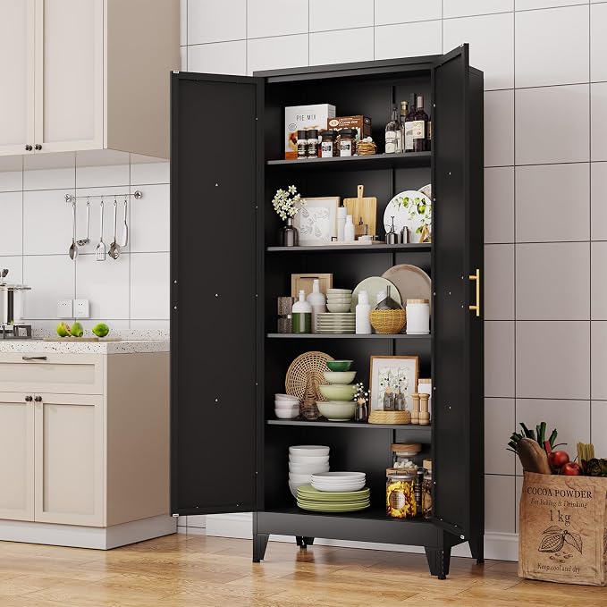 Pantry Cabinet, 71-Inch Black Metal Freestanding with 2 Doors and 4 Shelves