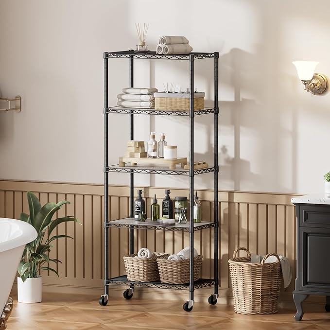 Standing Shelf Units 5-Tier Metal Wire Rack with Wheels, Black