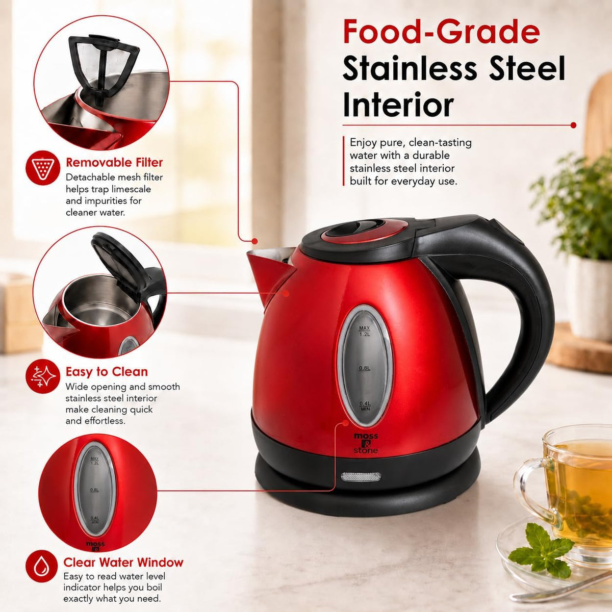 Red Stainless Steel Electric Kettle, 1.2L Cordless 1500W – close-up