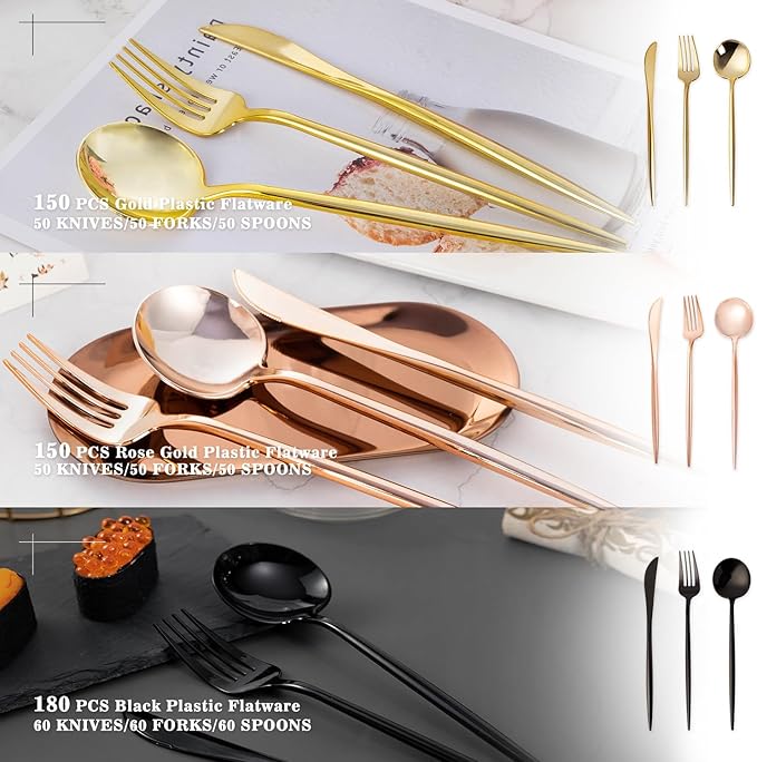 Forks: 150-Piece Gold Plastic Disposable Silverware Set, Heavy Duty