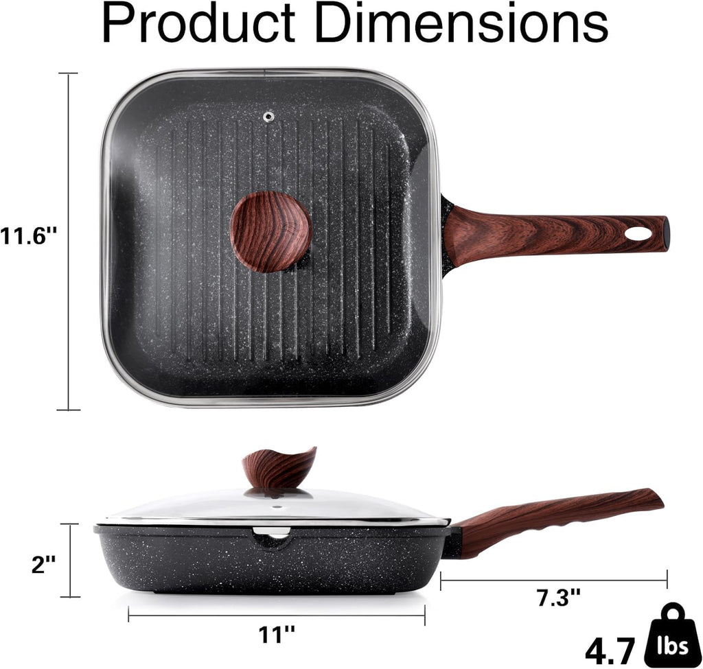 Nonstick Grilling Pan with Lid for Stove Tops, 11 Inch Square Grill Pan – size reference
