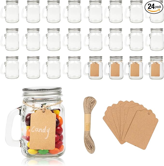 Mason Jar Mugs, 4 oz Glass Jars with Metal Lids, Set of 24