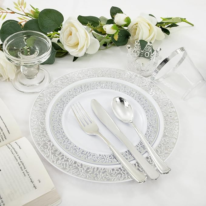 Plates for 50 Guests in Round Silver Plastic, High-Gloss Finish