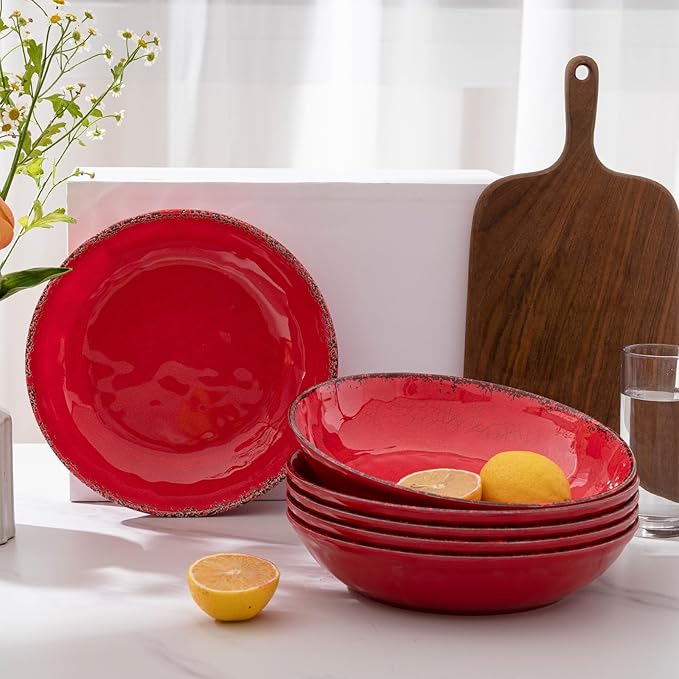 Pasta Bowls, 9-Inch Melamine Farmhouse Set of 6 in Antique Red