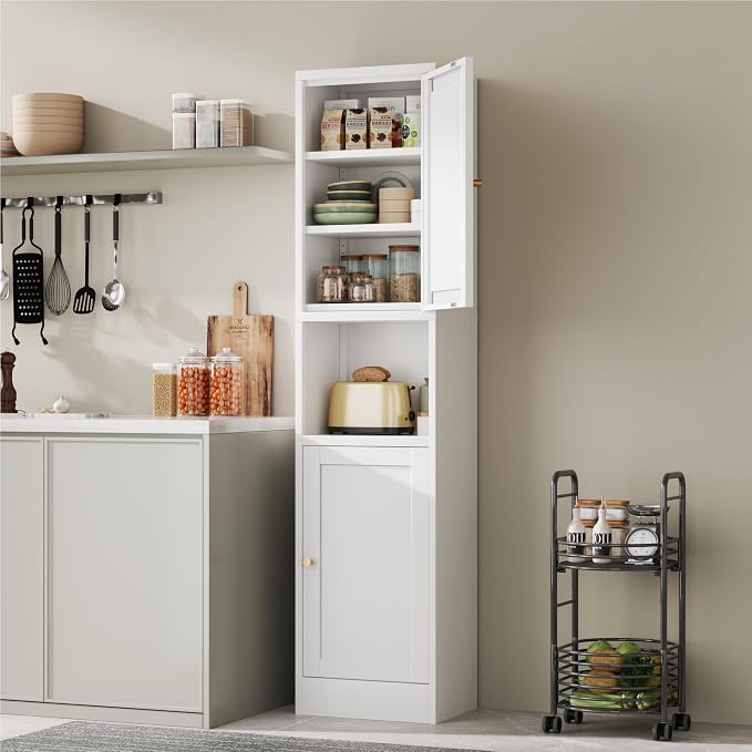 Pantry Cabinet, 2-Door Metal Slim Organizer in White