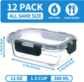 Container Sets, 12 Rectangular Glass Containers with Locking Lids, 1.5 Cup Grey