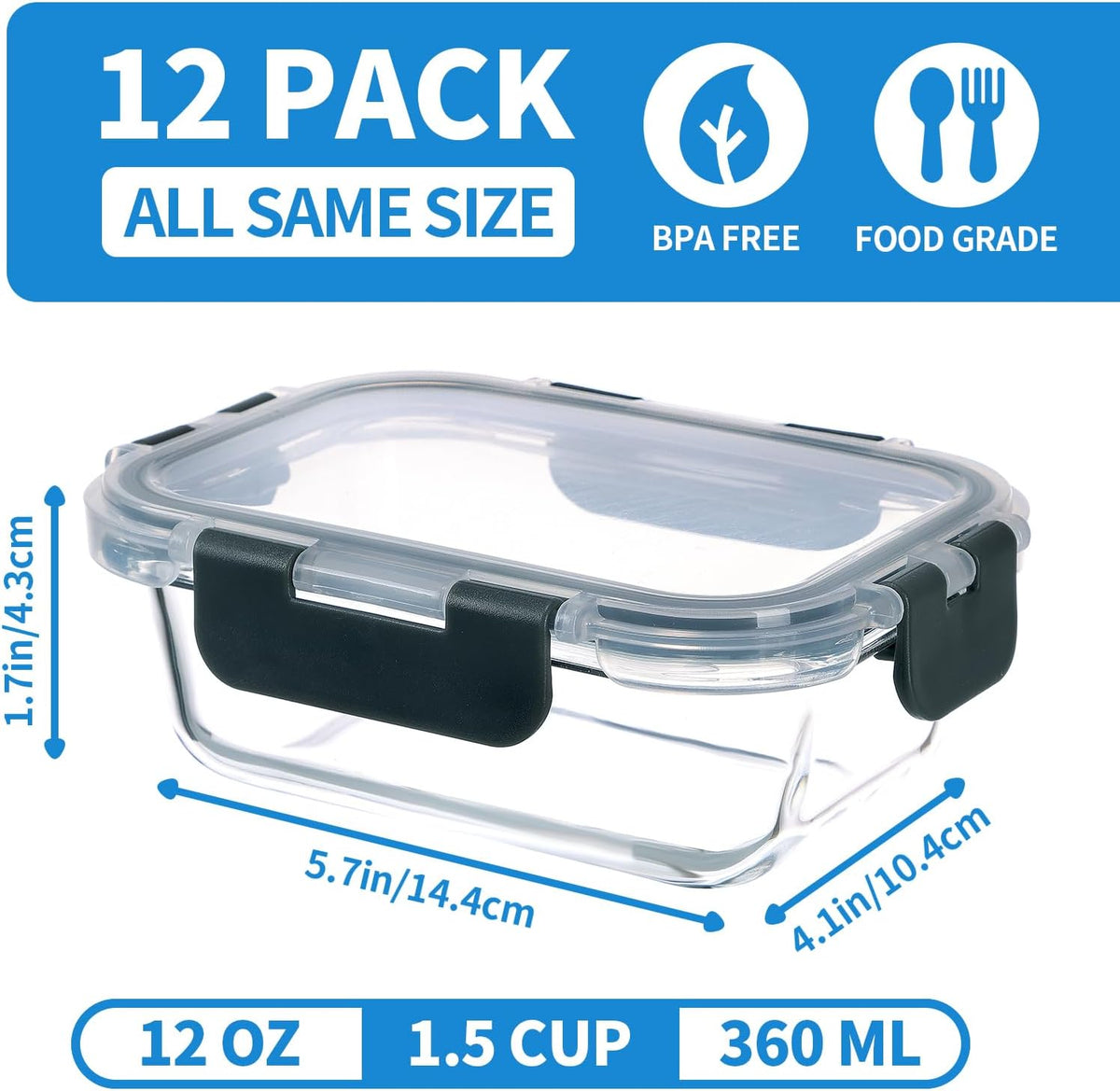 Container Sets, 12 Rectangular Glass Containers with Locking Lids, 1.5 Cup Grey