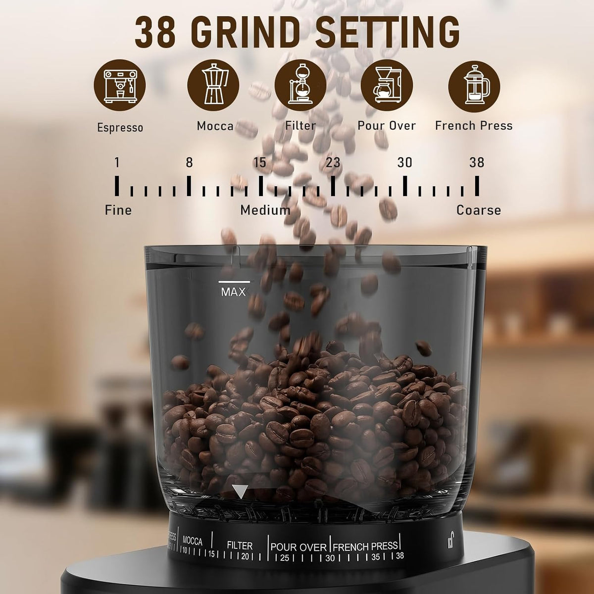 Electric Burr Coffee Grinder with 38 Settings and Conical Burrs