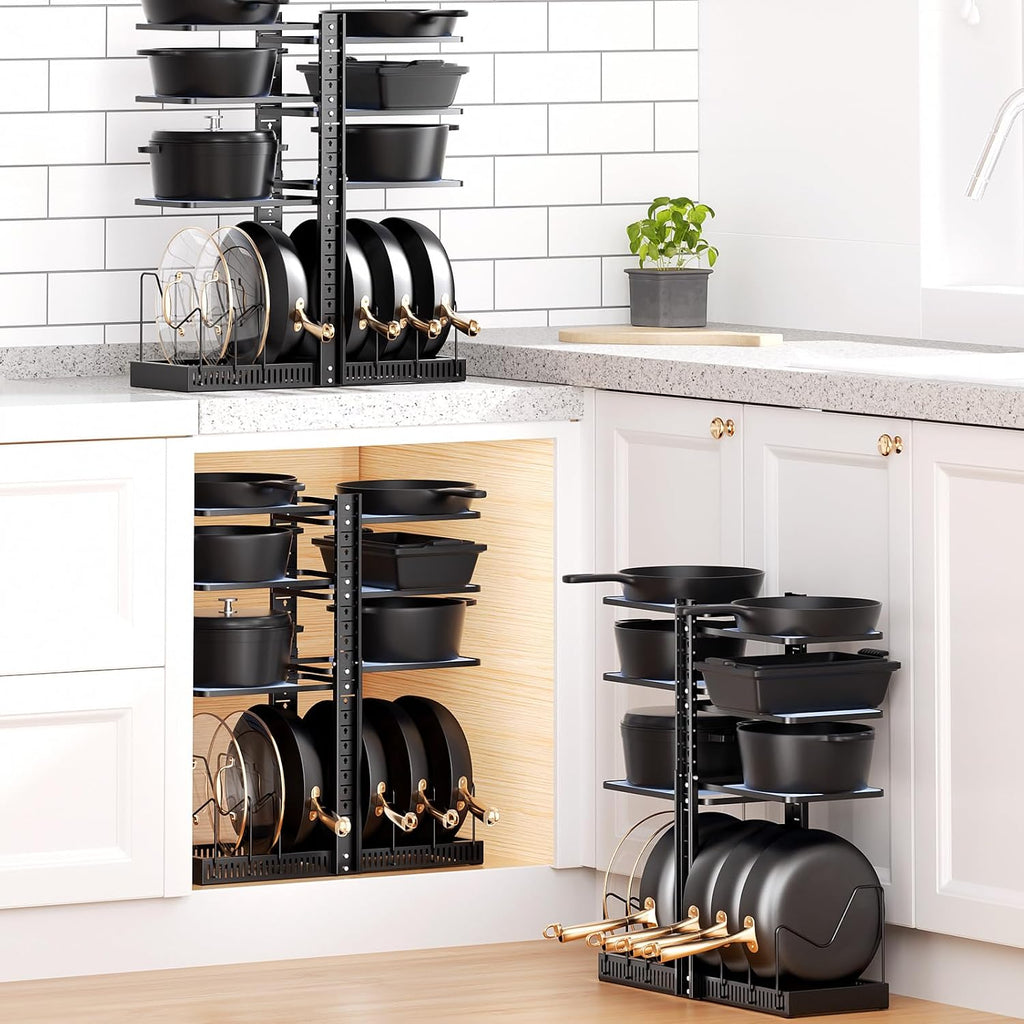 Pots and Pans Organizer under Cabinet, Kitchen Storage Rack, Black – set view