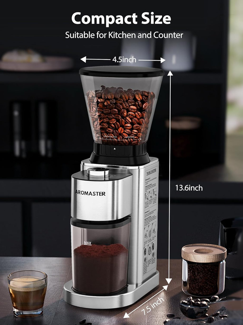 Conical Coffee Bean Grinder, 48 Settings, Anti-Static, Sliver – size reference
